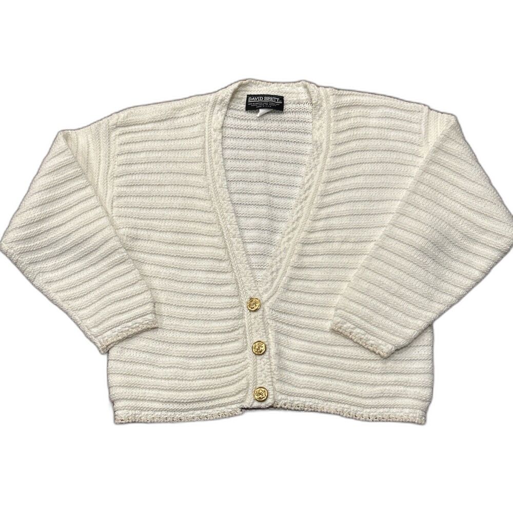 David Brett Cardigan Sweater Womens Large White Textured Gold Buttons USA Vtg